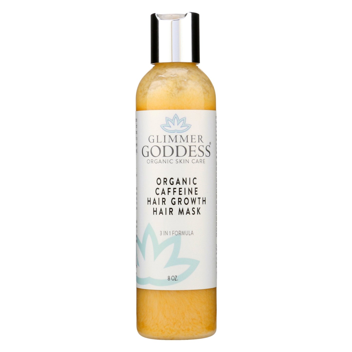 Glimmer Goddess organic caffeine hair growth hair mask bottle on a white background