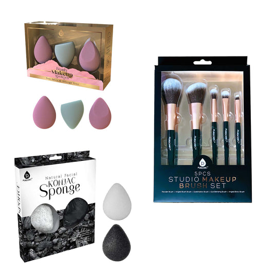 Pursonic Flawless Beauty Essentials Bundle – Includes 3-Pack Multi-Shape Makeup Sponges, Natural Konjac Sponge Duo & 5-Piece Black Studio Brush Set