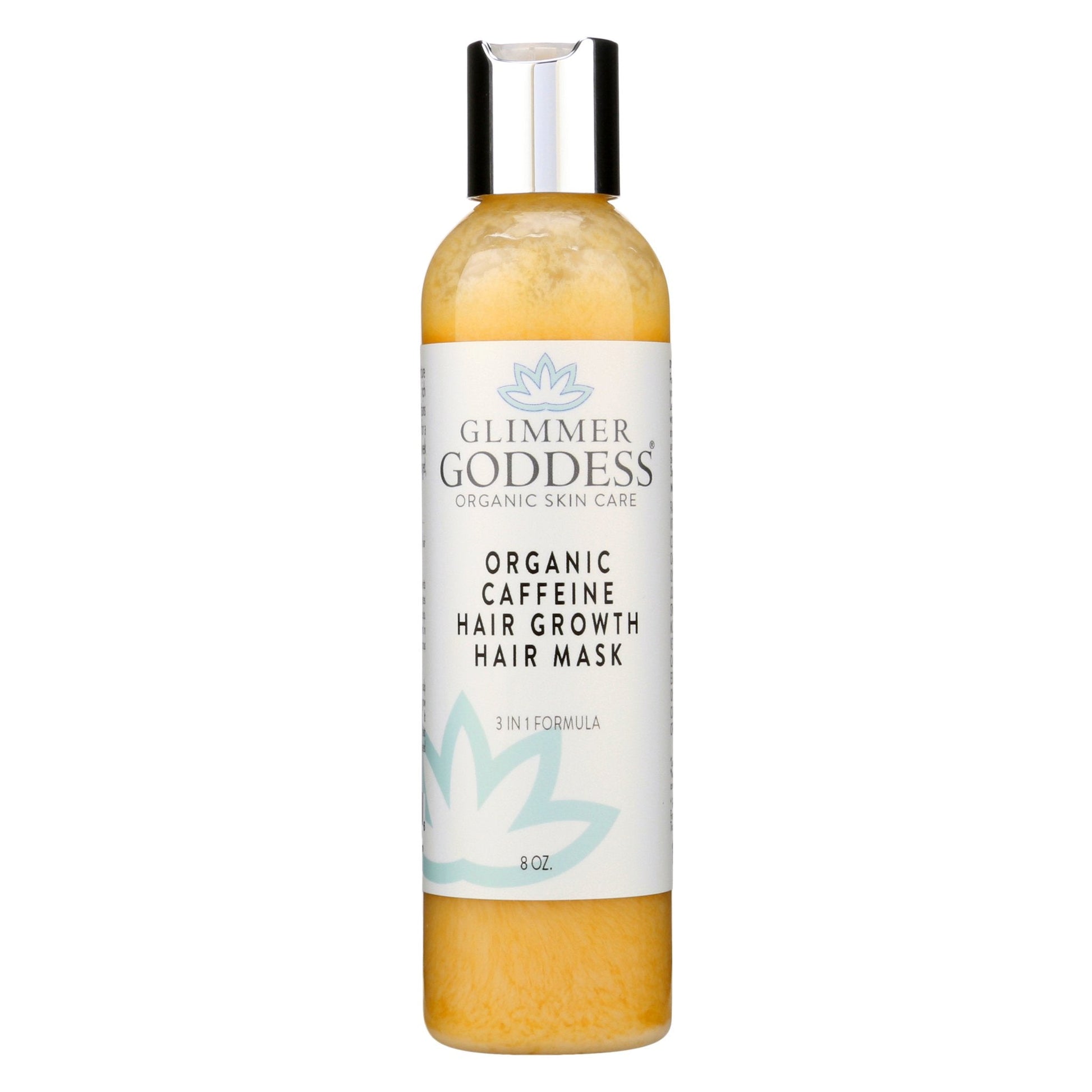 Glimmer Goddess organic caffeine hair growth hair mask bottle on a white background