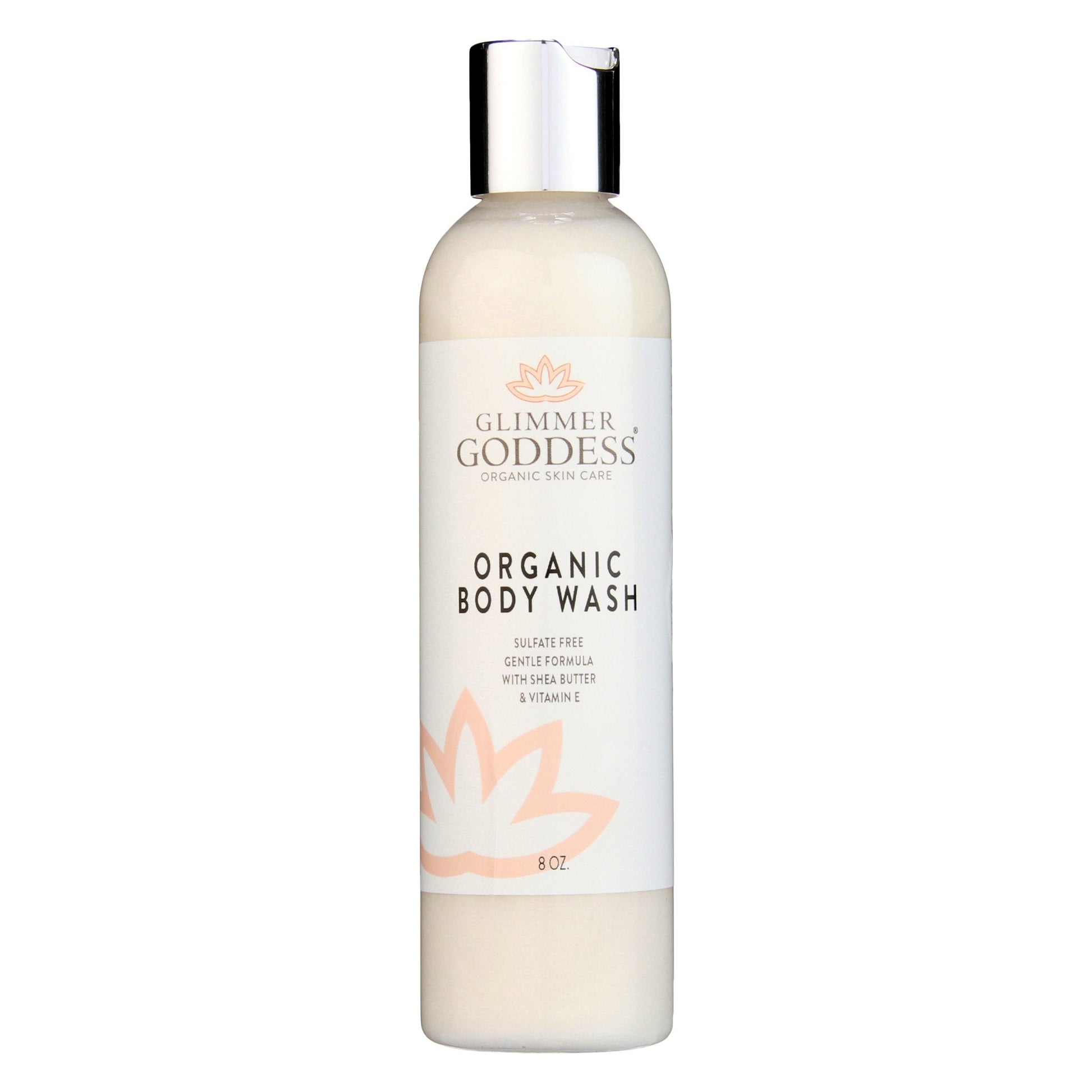 Glimmer Goddess organic body wash bottle on a white background